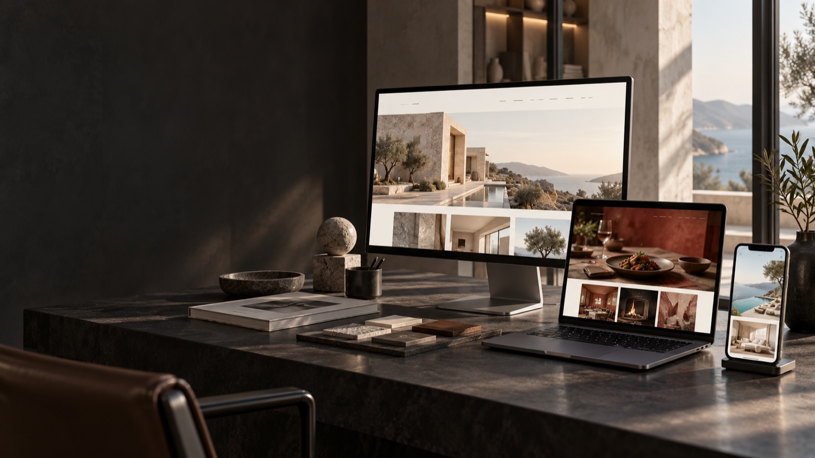 Monitor, laptop e smartphone con diversi siti in uno studio creativo