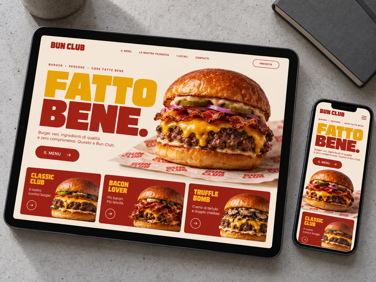 Concept Bun Club: homepage dimostrativa su dispositivi, fotografati in un ambiente di lavoro dedicato