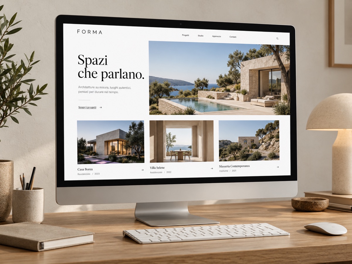 Concept Forma Studio: homepage dimostrativa su dispositivi, fotografati in un ambiente di lavoro dedicato
