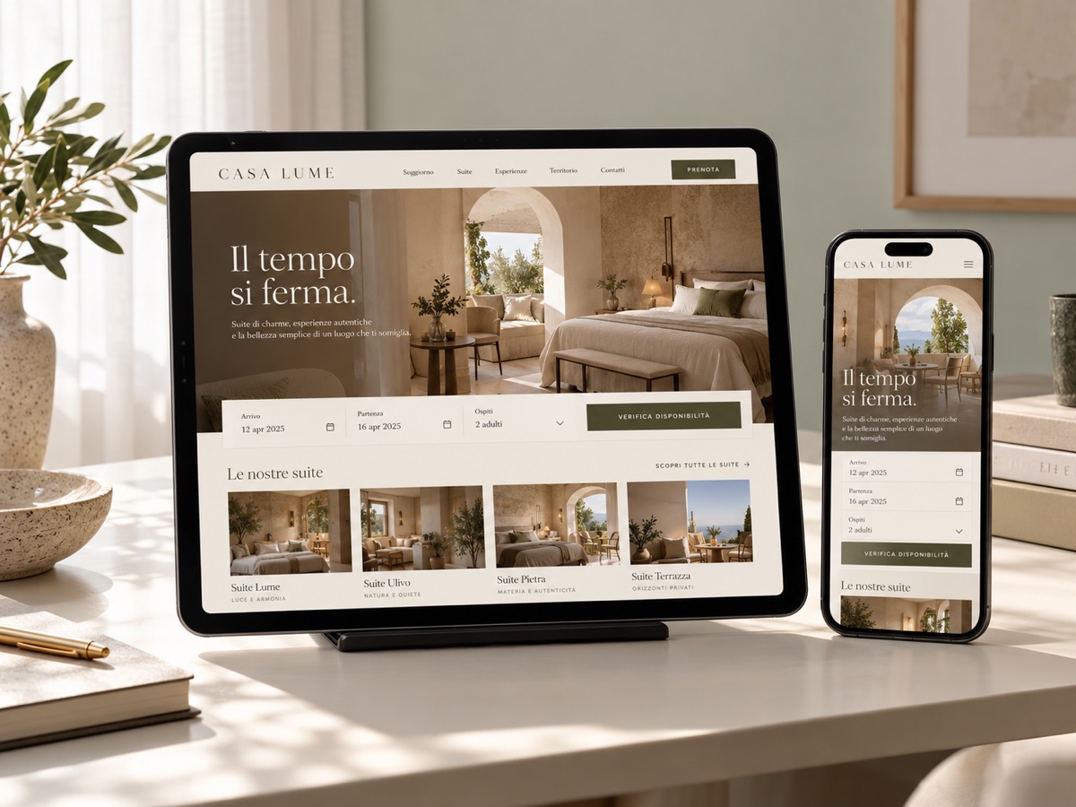 Concept Casa Lume: homepage dimostrativa su dispositivi, fotografati in un ambiente di lavoro dedicato