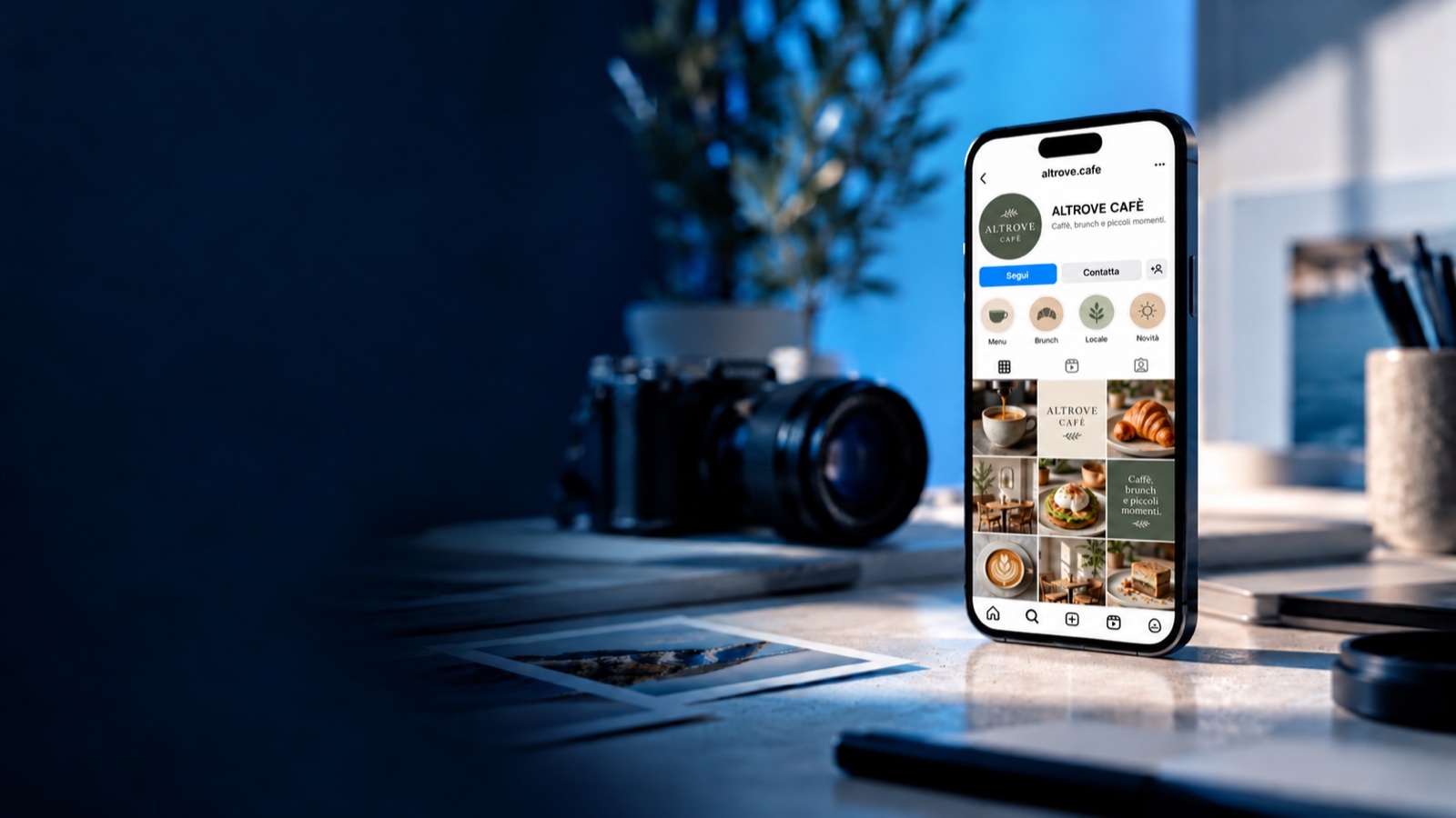 Profilo Instagram dimostrativo di Altrove Cafè, attività immaginaria